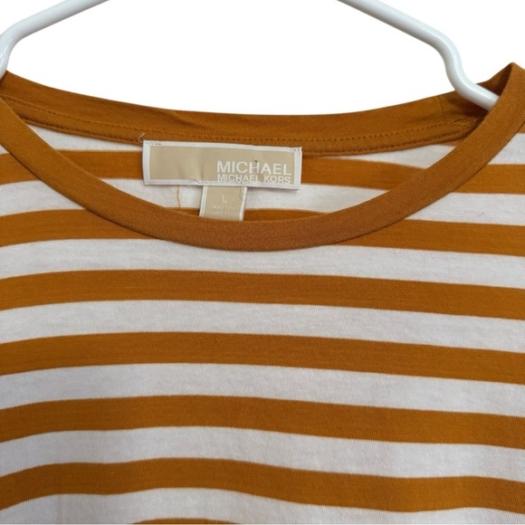 Michael Kors Womens Striped Roll Tab Sleeve Top Mustard White Size Large - Picture 2 of 5